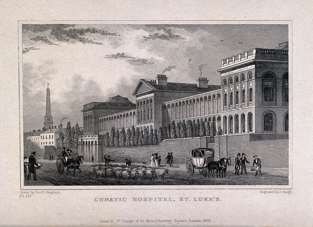 St Luke's Hospital, Cripplegate, London: the facade from the east. Engraving by J. Gough, 1831, after T. H. Shepherd, 1815.
