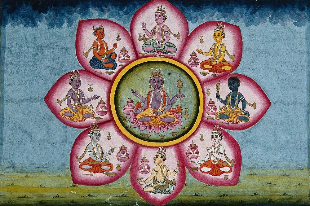 An eight-petalled lotus with Vishnu in the center, and eight other deities in each petal representing the eight cardinal…