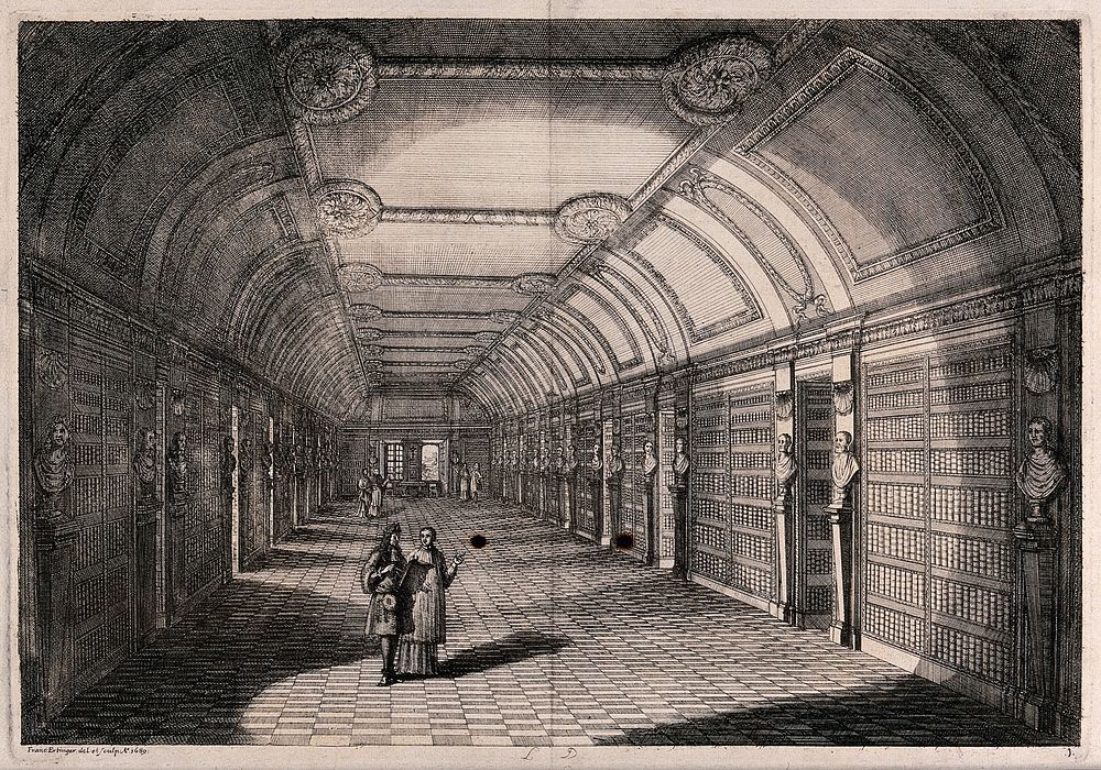 Bibliothèque Sainte-Geneviève, Paris: a prospect of the library with two men conversing. Engraving by F. Ertinger, 1689.
