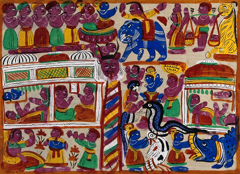 Events in Krishna's life. Gouache drawing.