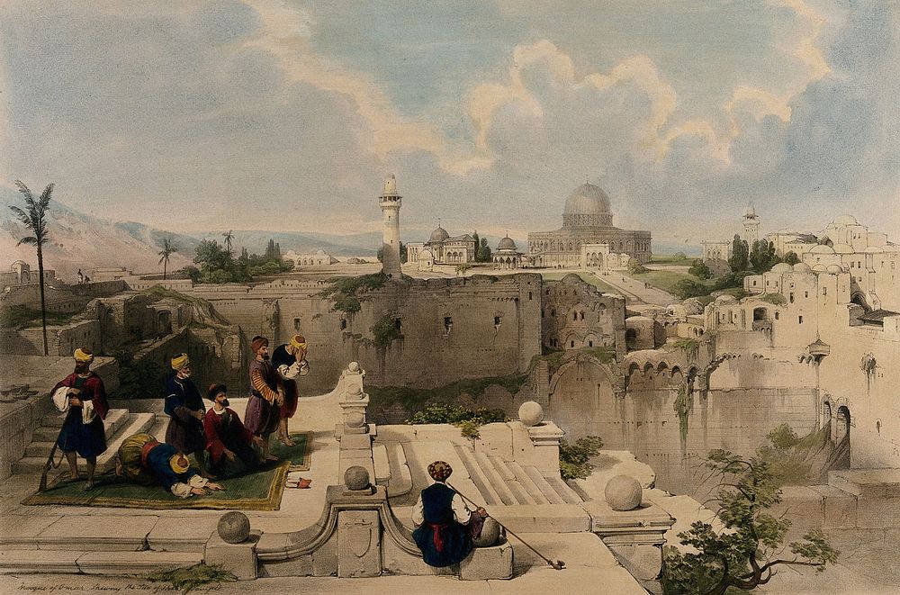 A group of worshippers at the site of a temple, with the mosque of Omar, Jerusalem, Israel. Coloured lithograph by Louis…