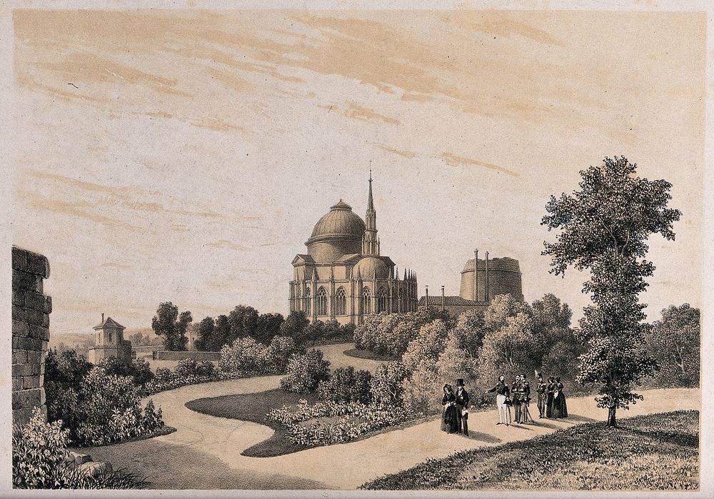 Chapel and tomb of the family of the Duke of Orleans, seen from the gardens. Lithograph by I-L. Deroy after N.J. Kellin.