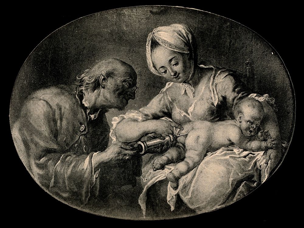 A man administers an enema to a baby. Reproduction of a painting by J.A. Garemyn, 1778.