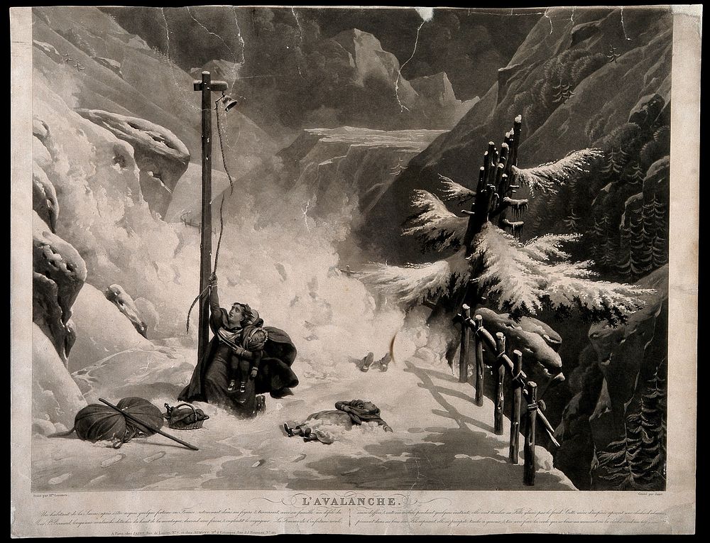 A family caught in an avalanche along the Mount St. Bernard Pass; a woman frantically rings the bell thus breaking the cord.…