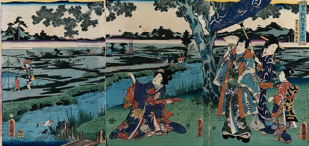Prince Genji in modern dress with lady attendants visiting Ashikaya (north Kantō Plain) in the fifth lunar month; peasants…