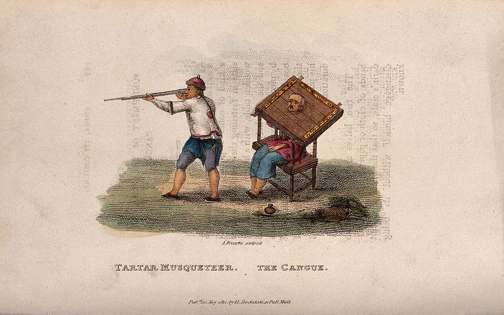 Left, a Tartar musketeer holding a gun; right, Chinese man carrying the cangue around his neck as a punishment. Coloured…