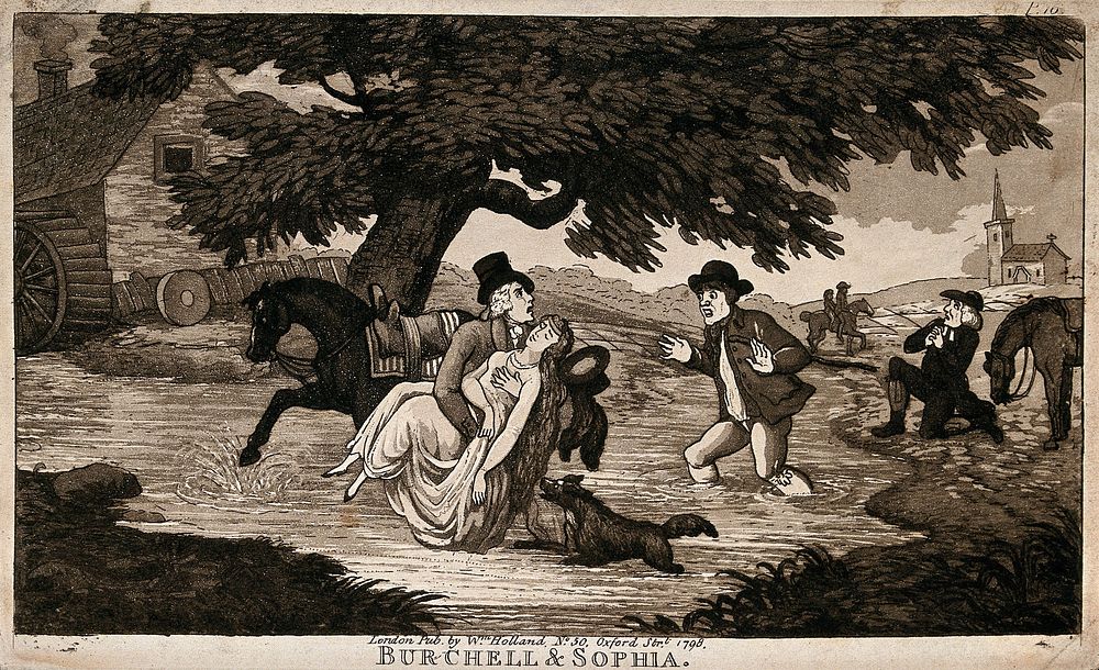 A girl is rescued from the stream while a vicar kneels on the bank praying for her life. Aquatint.
