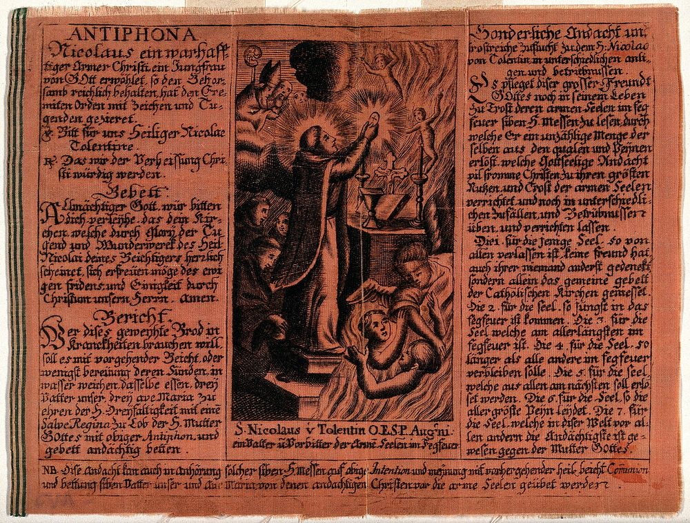 Saint Nicholas of Tolentino. Engraving on red silk.