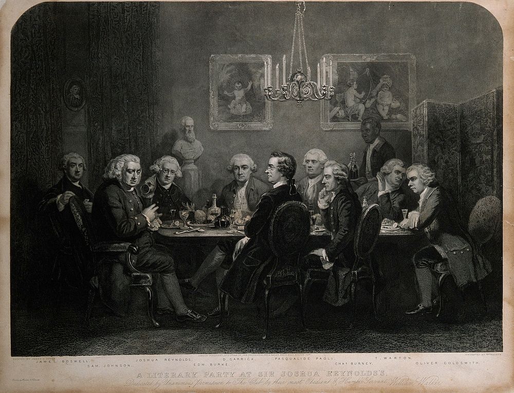A gathering at Joshua Reynolds's house: Oliver Goldsmith and Edmund Burke among the company. Stipple engraving by W. Walker…