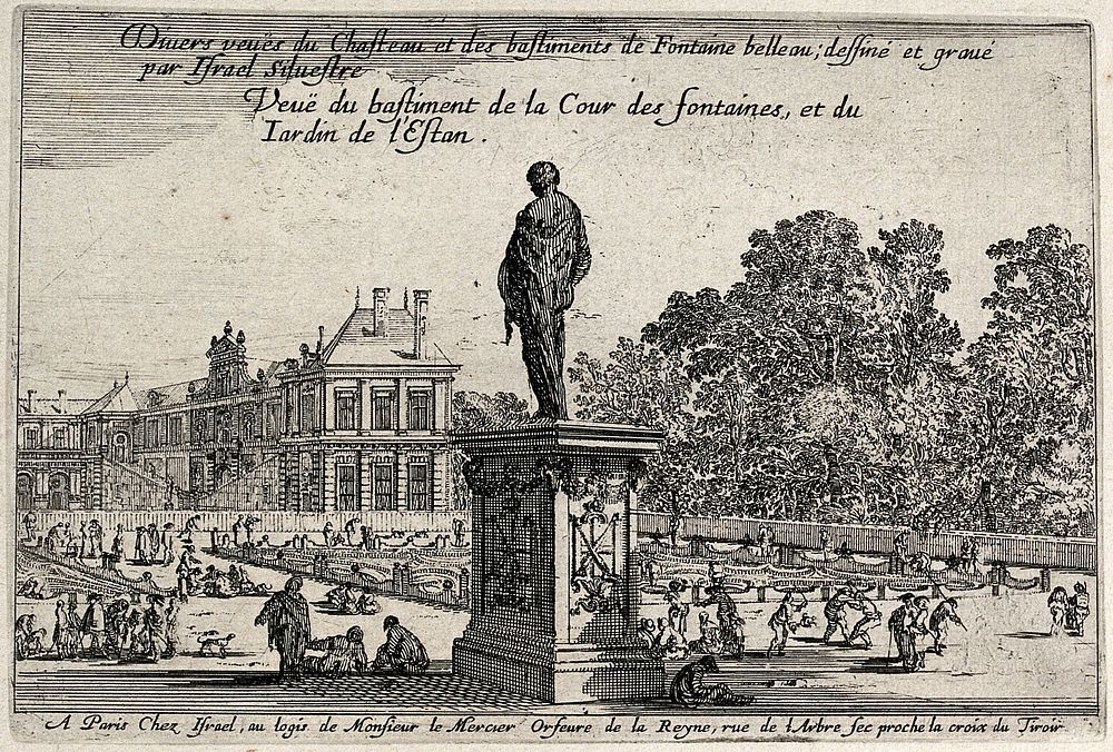 The Cour des Fontaines and the Jardin de l'Estan at Fontainebleau. Etching by I.Silvestre.