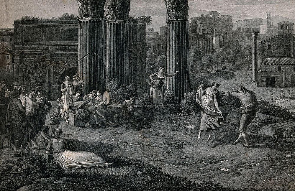 Two people are playing musical instruments and others watching as a couple dance in an area among ruined columns. Engraving…
