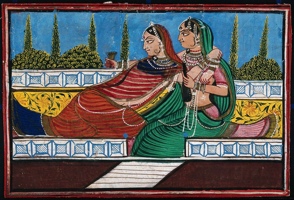 Two women embracing each other as one holds a glass and bottle. Gouache painting by an Indian painter.