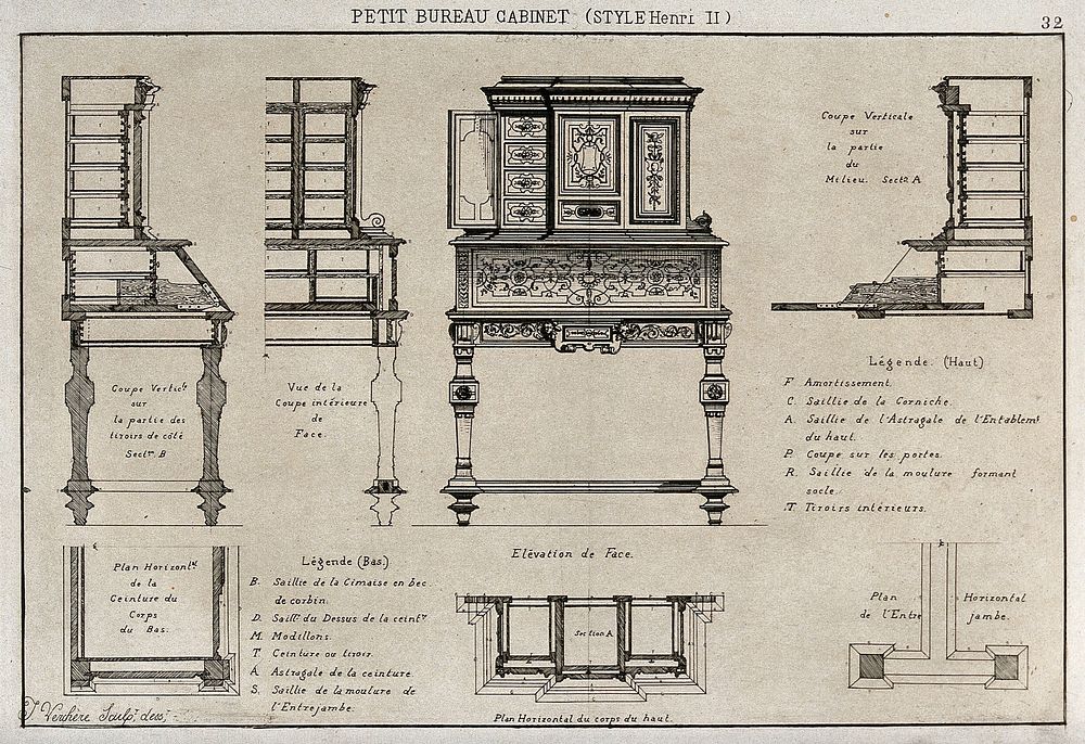 Cabinet-making: designs for a bureau. Etching by J. Verchère after himself, 1880.