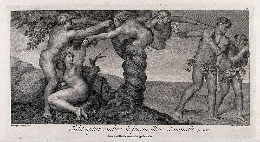Eve receives the forbidden fruit from a serpent in the shape of a woman; the angel expels Adam and Eve from paradise.…
