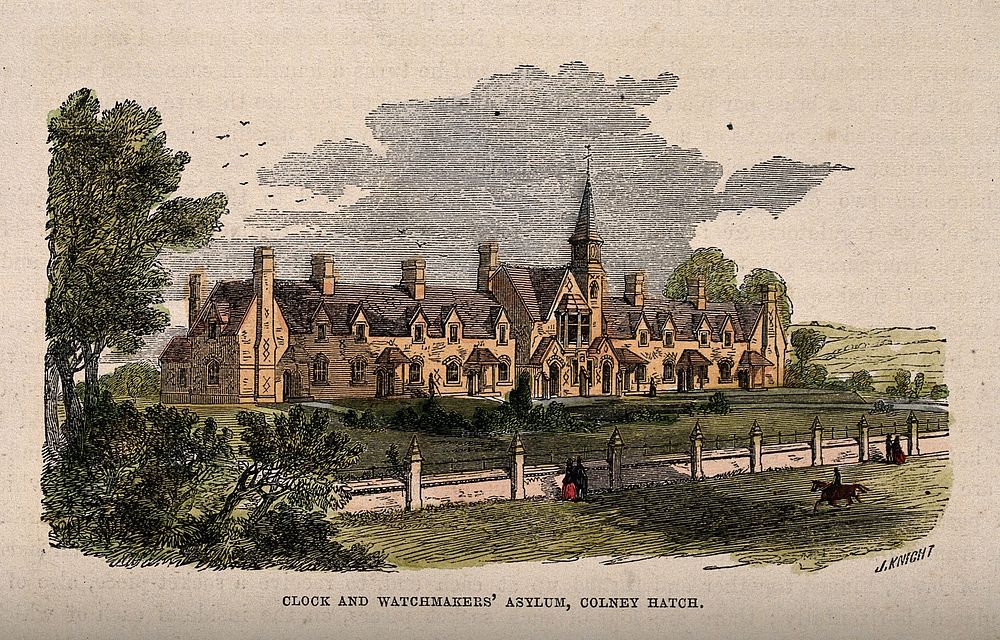 Clock and Watchmakers Asylum, Colney Hatch, Southgate, Middlesex: panoramic view. Coloured wood engraving by J. Knight.