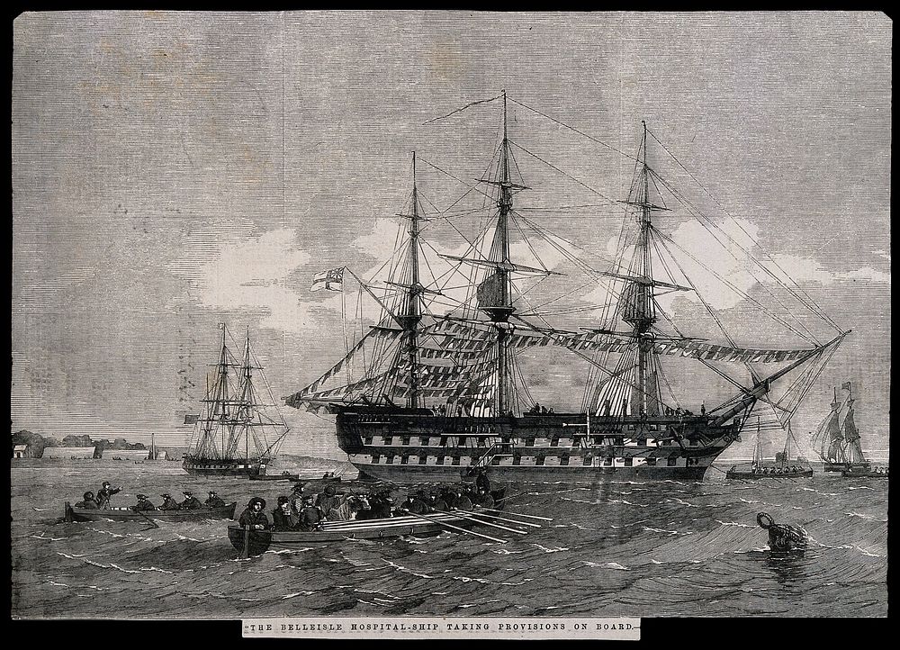 Crimean War: the Belleisle Hospital Ship taking provisions on board. Wood engraving.