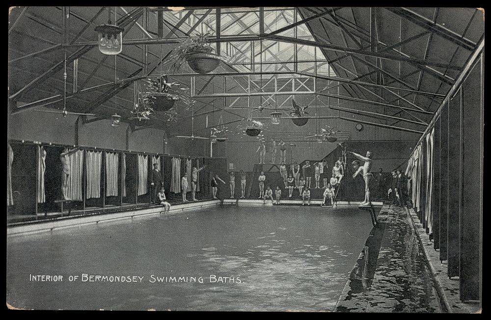 Bermondsey swimming baths: interior. Photographic postcard, ca. 1906.