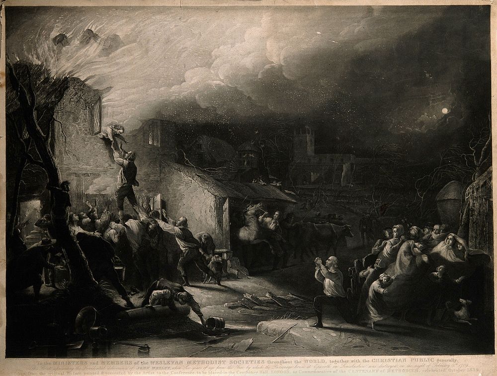 The rescue of the young John Wesley from the burning parsonage at Epworth, Lincolnshire. Mezzotint by S.W. Reynolds after…