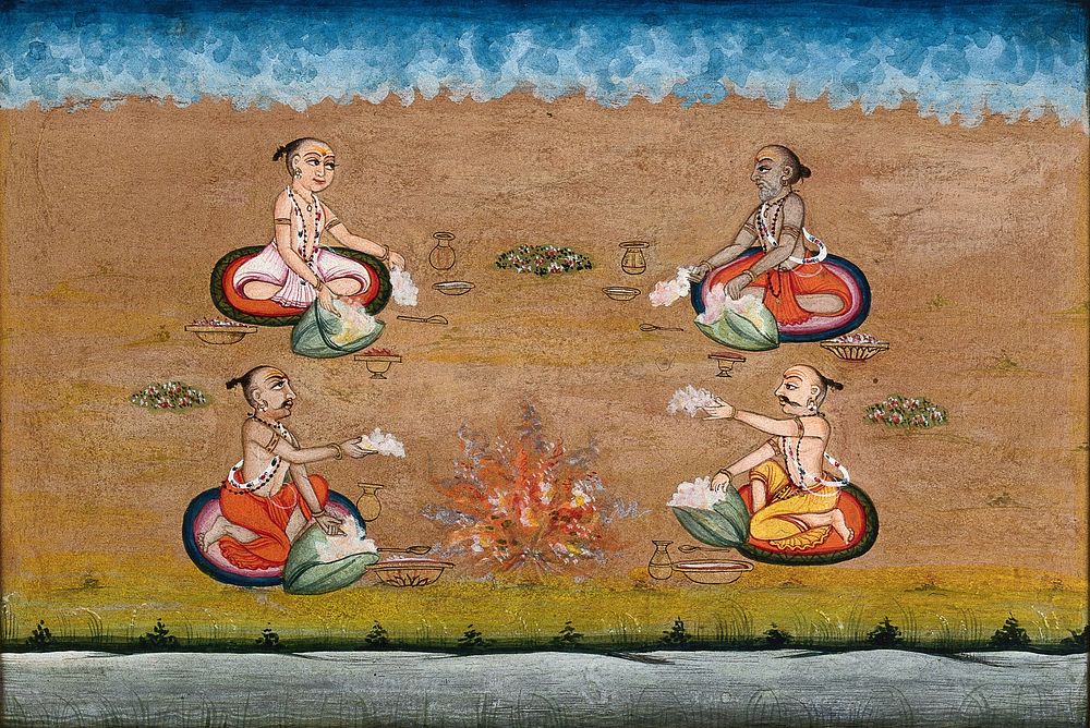 Four priests perform a yagna, a fire sacrifice, an old vedic ritual where offerings are made to the god of fire, Agni.…