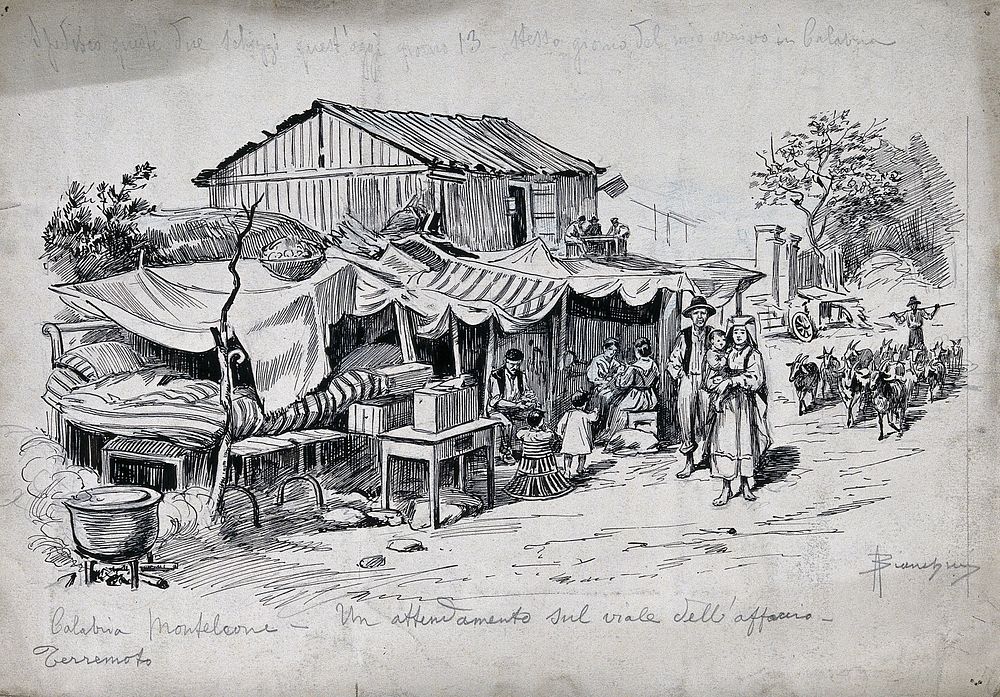 Monteleone di Calabria: an encampment made by people whose dwellings have been destroyed in an earthquake. Drawing by A.…