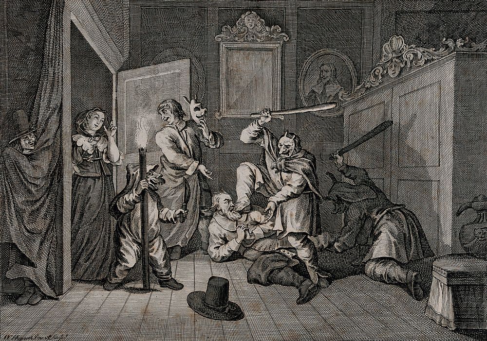 Two men wearing masks club Hudibras, as Ralphos, removing his mask, and a widow (dressed in black), watch from a doorway.…