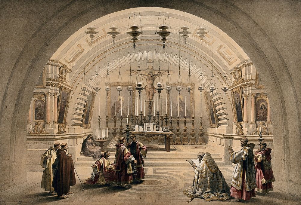 Chapel identified as the site of Calvary in the church of the Holy Sepulchre, Jerusalem, Israel. Coloured lithograph by…