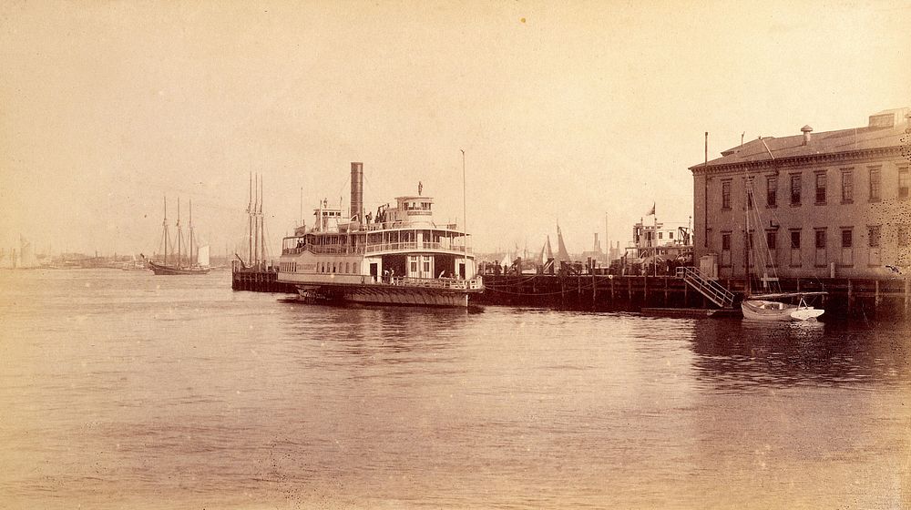 Bellevue Hospital, New York City: a quay on the East River near the hospital, with a steamship. Photograph.