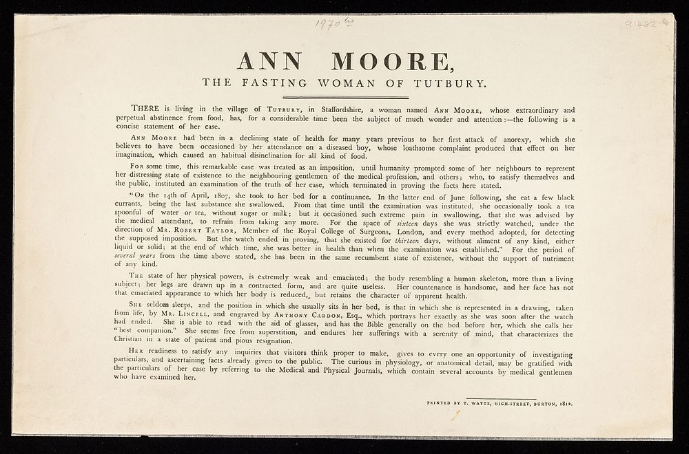 Ann Moore, the fasting woman of Tutbury / printed by T. Wayte, High-Street, Burton, 1812.