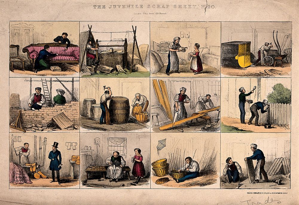 Men and women working at a variety of trades. Coloured lithograph, 18--.