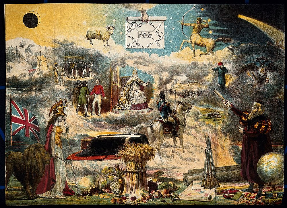 Astronomy: various apocalyptic scenes, including Napoleon III on horseback with a smiling Queen Victoria, a flag-draped…