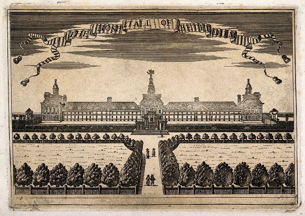 The Hospital of Bethlem [Bedlam] at Moorfields, London: seen from the north, with people walking in the foreground.…