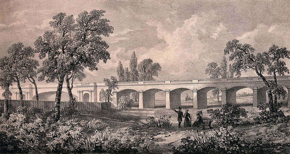 Great Western Railway: a long viaduct in a landscape with people nearby discussing it. Lithograph by George Barnard.