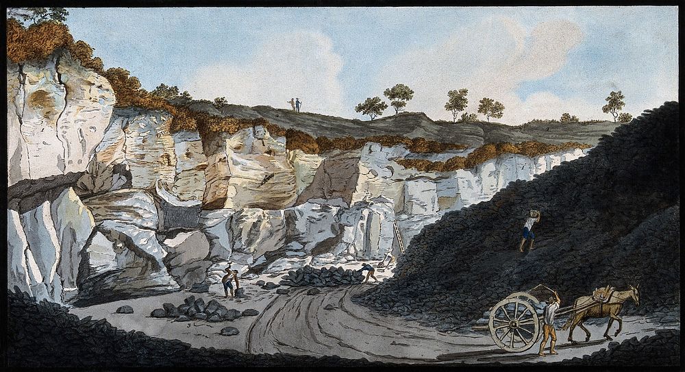 A quarry from which stones were cut to make the pavements of Naples, showing strata of lava from Mount Vesuvius. Coloured…