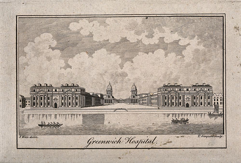 Royal Naval Hospital, Greenwich, with a ship and rowing boats in the foreground. Engraving by T. Simpson, 1766, after S.…