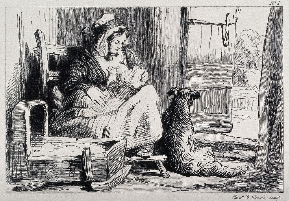 A mother breastfeeding her child in a cottage while her dog sits at her feet. Etching by C. Lewis after E. H. Landseer.