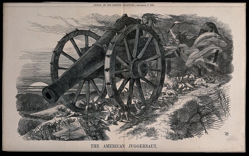 A large cannon pushed forwards by Furies crushes American soldiers under its wheels; representing the American Civil War.…