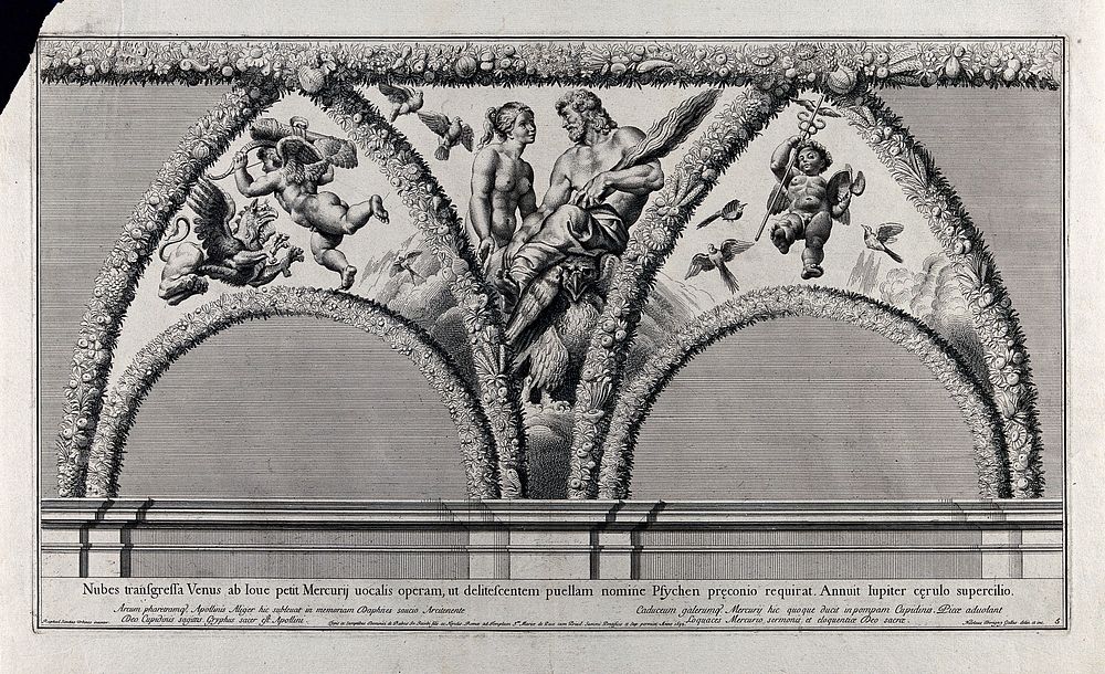 The story of Cupid and Psyche: Venus asking Jupiter for the eloquence of Mercury. Engraving by N. Dorigny, 1693, after…