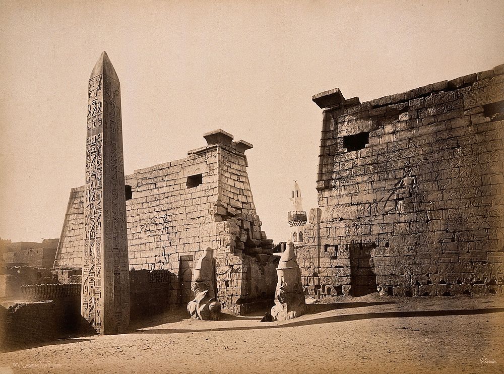 Luxor, Egypt: the pylon of Luxor and a granite obelisk. Photograph by Pascal Sébah, ca. 1875.