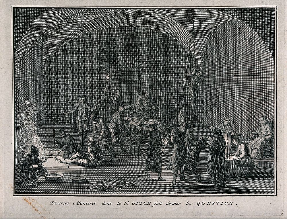A torture chamber of the Spanish Inquisition with suspected heretics having their feet burned or being suspended with a rope…