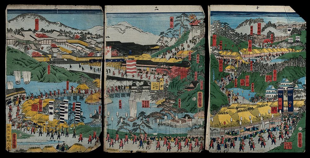 A panorama of the Tōkaidō highway showing a shogunal procession. Colour woodcut by Yoshitora, 1864.