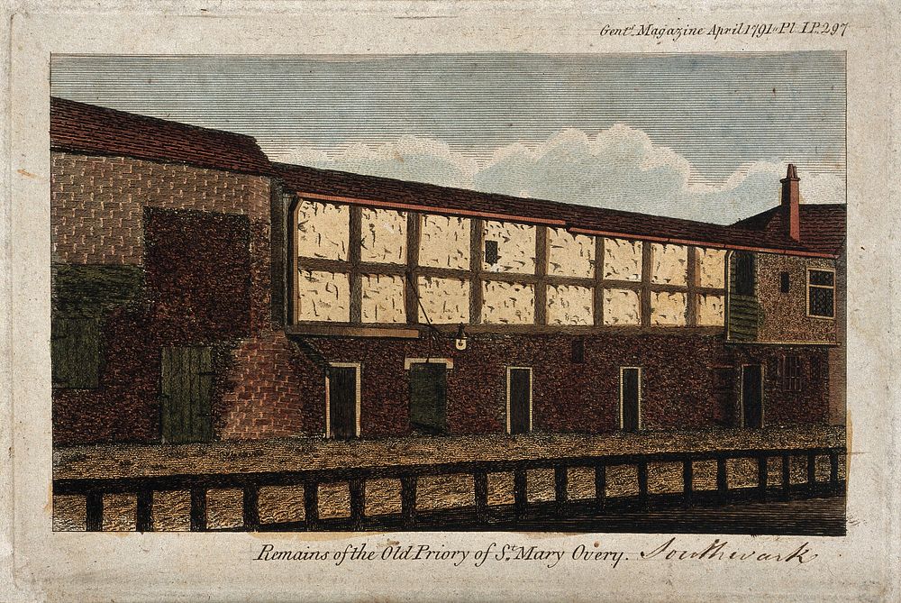 The ruins of the priory of St. Mary Overie, Southwark: a stone wall and timber framework. Coloured engraving, 1791.