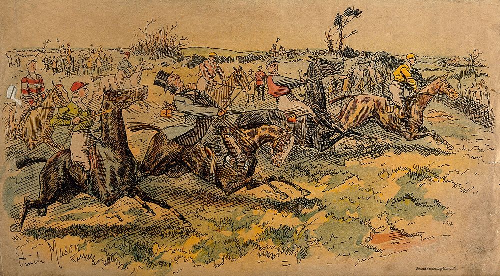 A hunting party charging ahead with one rider barely able to control his horse. Chromolithograph after G. F. Mason.