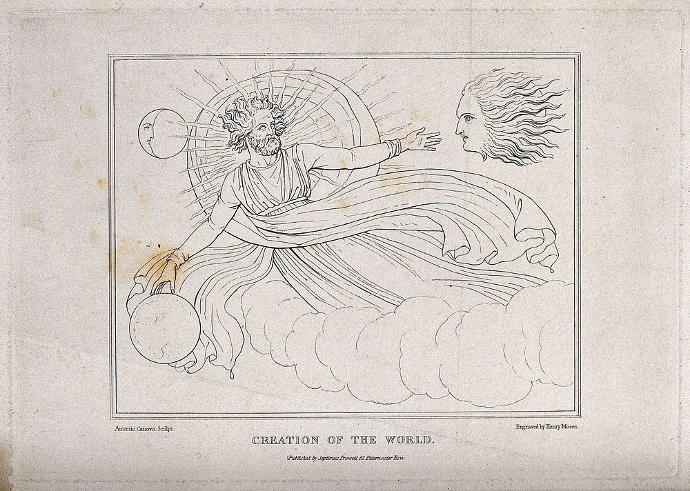 God creates the sun, moon and earth. Etching by H. Moses after A. Canova.