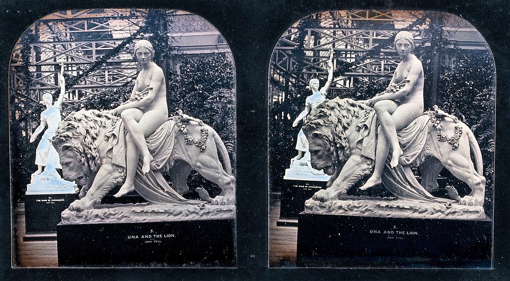 The Crystal Palace, London: sculptures by John Bell: Una and the Lion (foreground) and The Maid of Saragossa (background).…