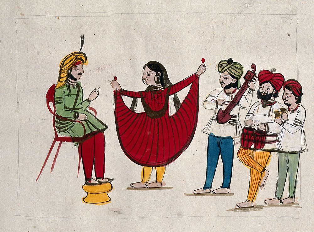 Page 32: a dancing girl with musicians performing. Watercolour drawing.