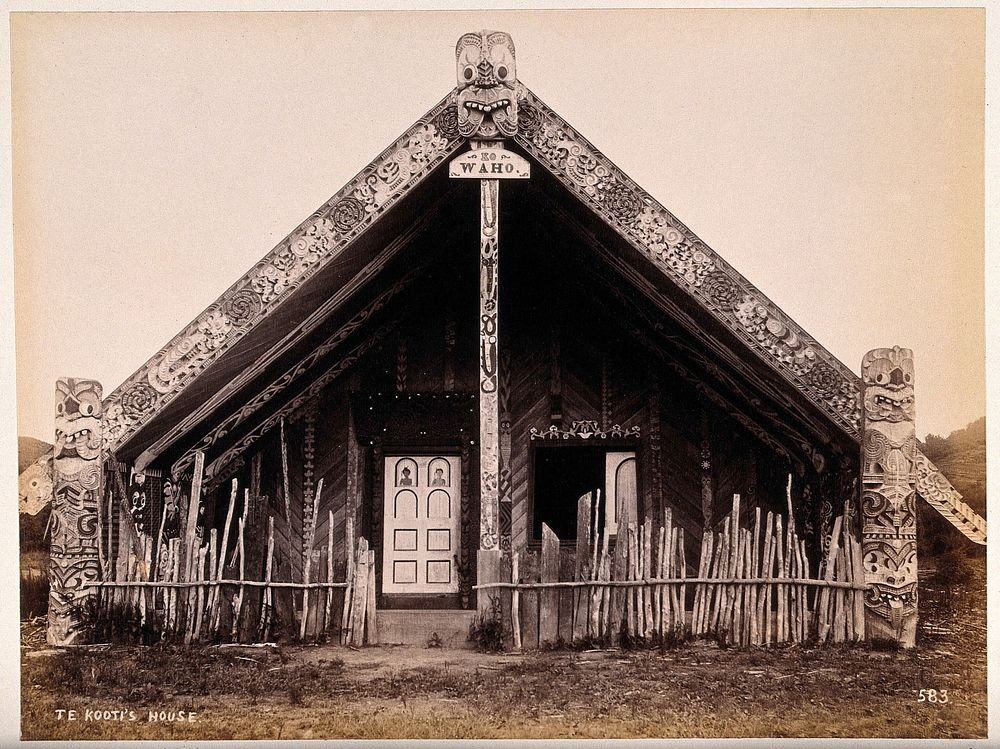 New Zealand: the house of the Maori leader and prophet, Te Kooti. Albumen print.