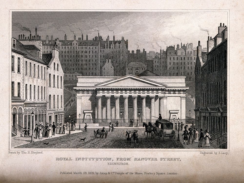 The Royal Institution with Edinburgh cityscape behind, Scotland. Line engraving by S. Lacy, 1829, after T.H. Shepherd.
