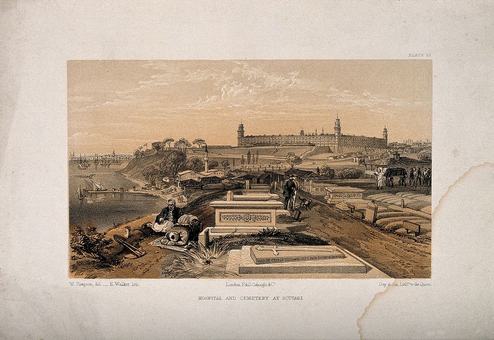 Crimean War: cityscape view of hospital and cemetary at Scutari. Coloured lithograph by E. Walker after W. Simpson.