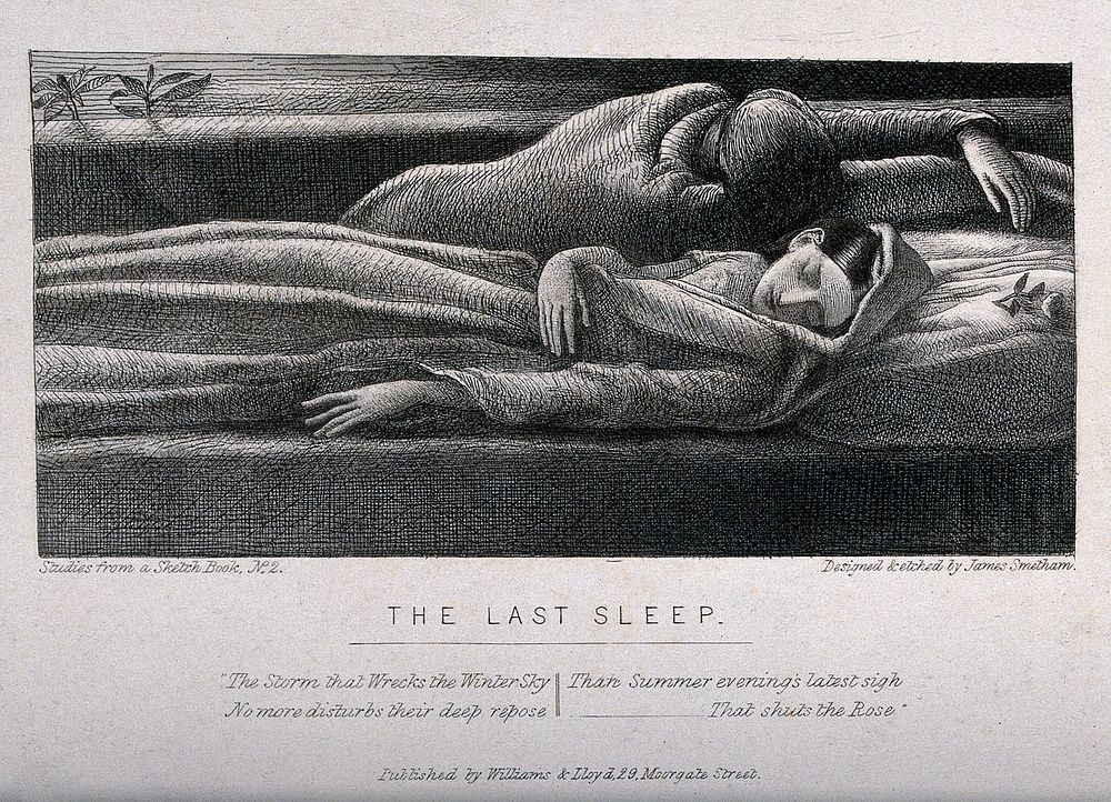 A dead woman lies on a bed with another figure behind her. Etching by James Smetham.