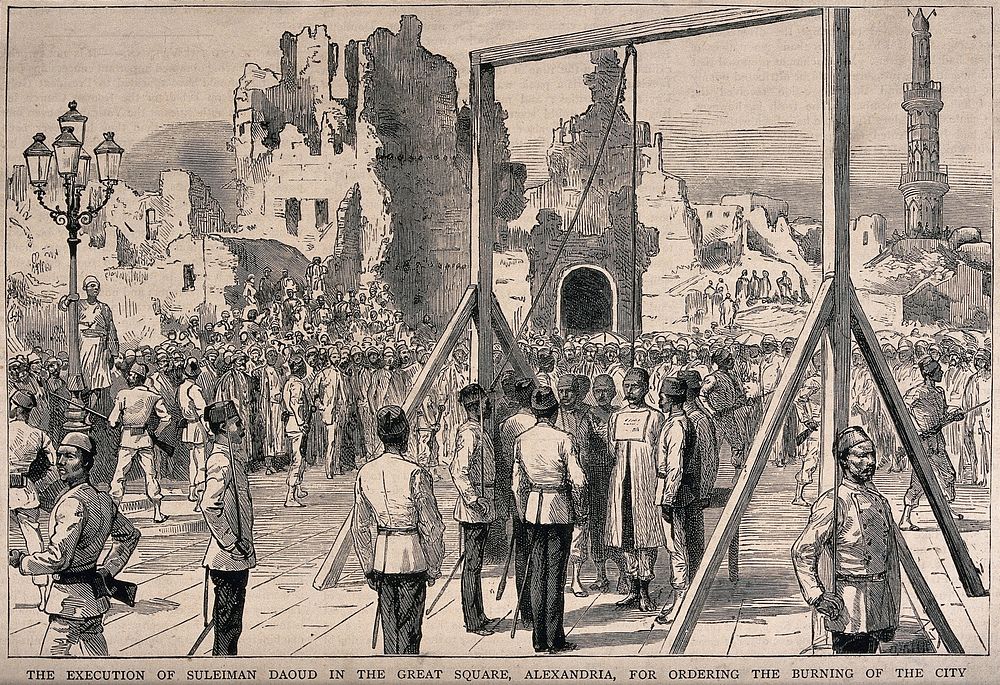 The execution of Suleiman Daoud by hanging in the Great Square, for ordering the burning of the city. Wood engraving.
